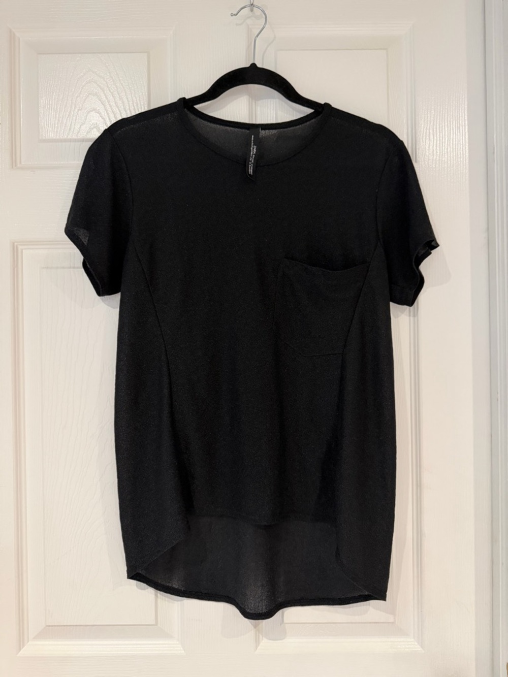 ZARA BASIC Evening Black Sheer Short‑Sleeve Top — Size S Front Pocket